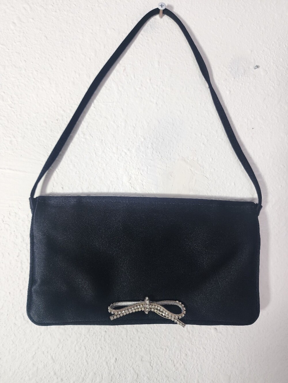 Vintage Y2K Jimmy Choo Black Silk Satin Crystal Bow Evening Clutch Bag